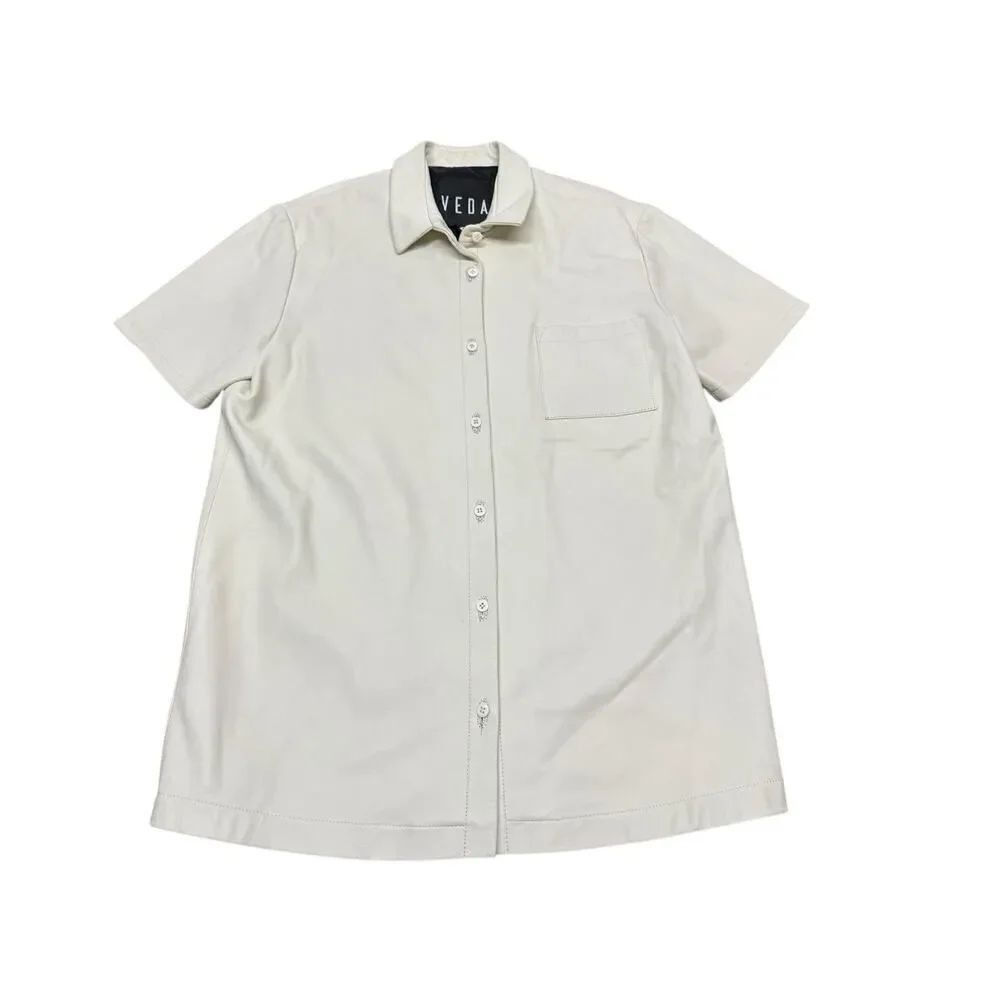 VEDA Leather Button-Up Shirt Womens Small Oversize Short Sleeve Cream Top